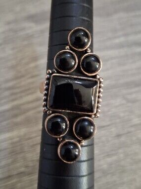 Ring Large Black Onyx Natural Stones Copper Adjustable Band 6-7-8